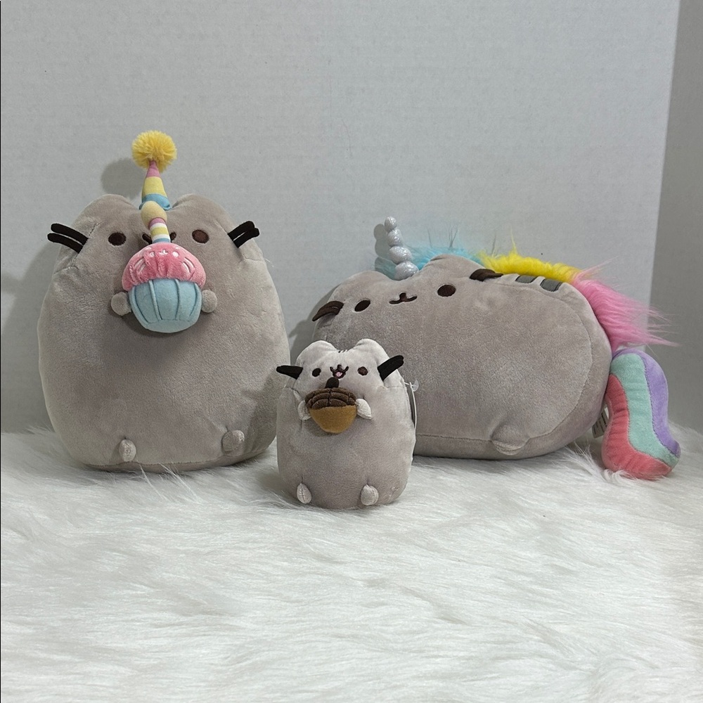 Plush Gray Cat Trio with Unicorn & Party Accessories
